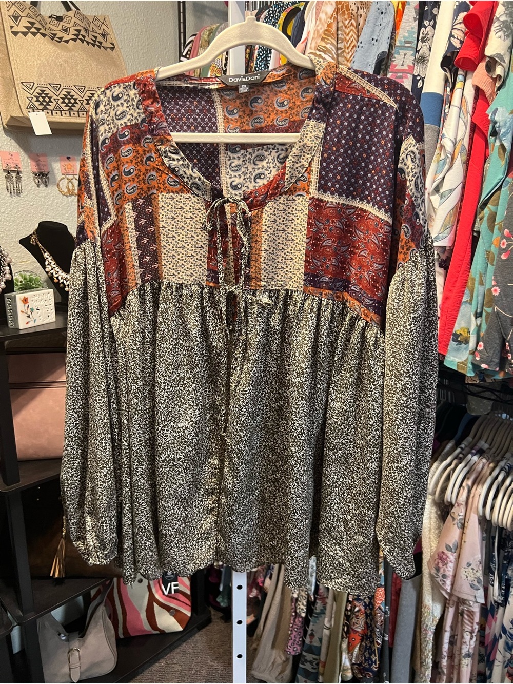 DAVI & DANI Mixed Patchwork Peasant Tunic in Rust, Black and Cream